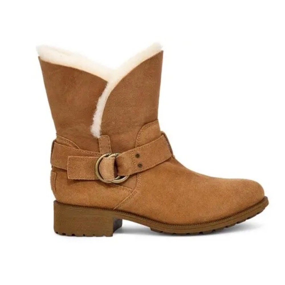 UGG Bodie Boots Chestnut Suede Sheepskin Lined Buckle Boots Size 8 Pull On Style